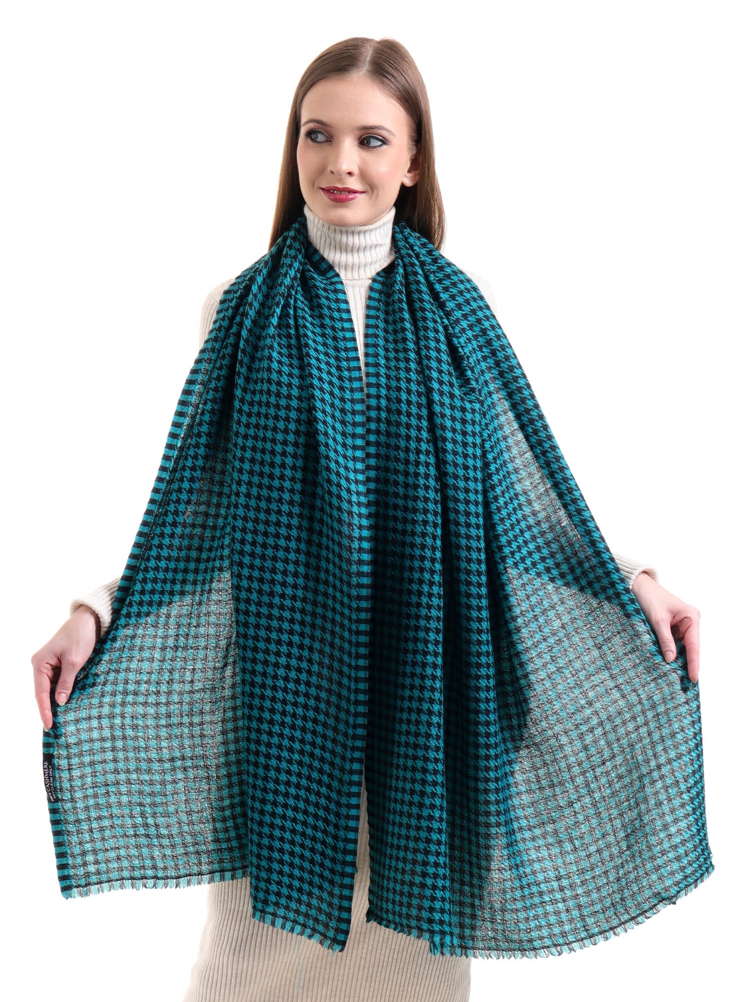 EH 100% Pure Cashmere scarf, stole Houndstooth, warm large buttery soft Pashmina (TEAL BLUE & BLACK)