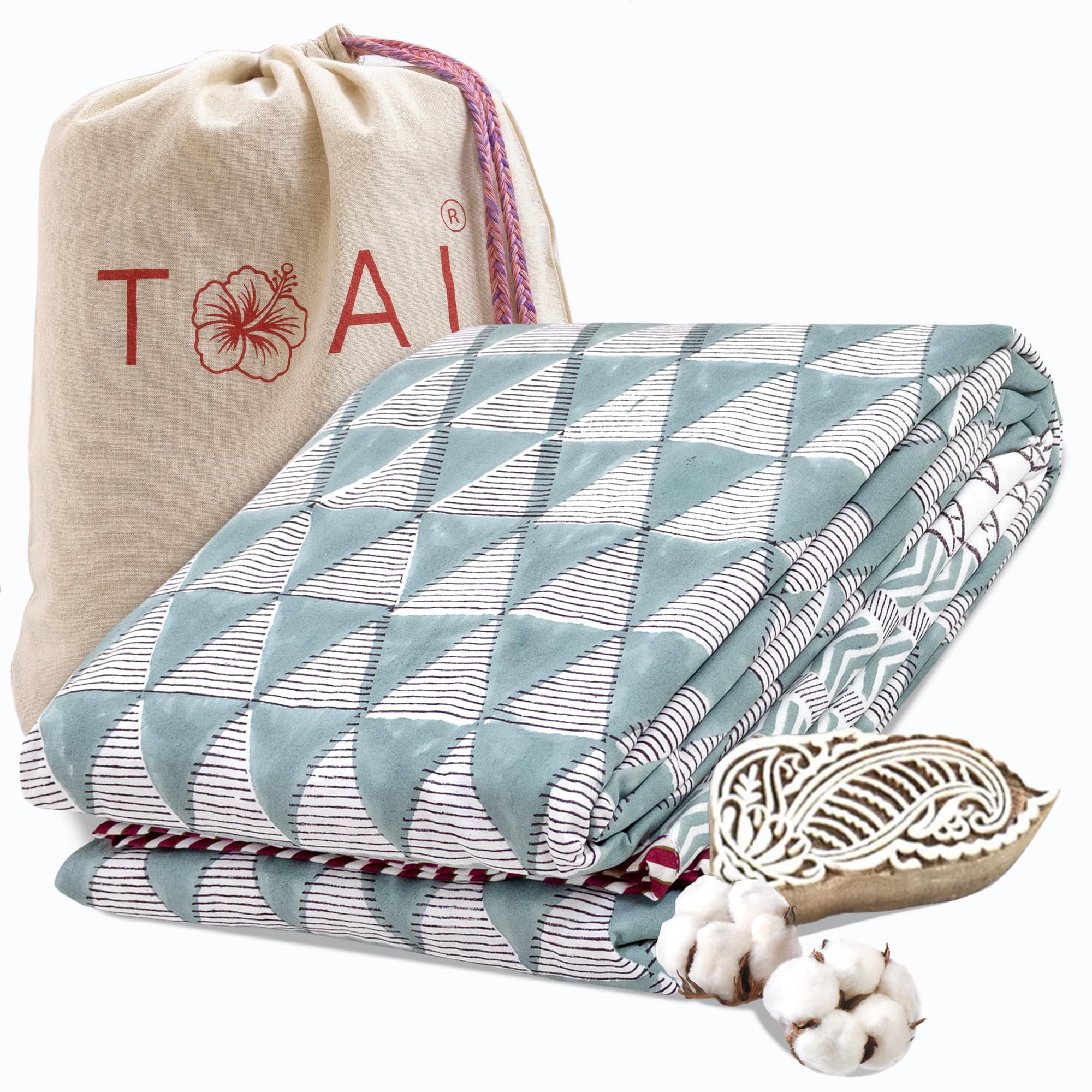 TOAIArt Premium Jaipuri Dohar | AC Blanket Summer Quilt | Hand Block Printed | 3 Layers | Reversible | 150GSM 100% Mulmul Cotton | 100% Cotton Flannel Filling | Single 60 X 90 |Geometric Triangles Kafalo