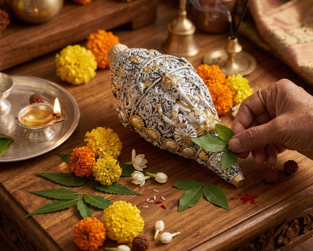 KridayKraft Lord Ganesha shankh Antique Decorative Conch Shell Figurine, 22x11 cm, 800 gm, for Wealth, Prosperity and Good Luck.