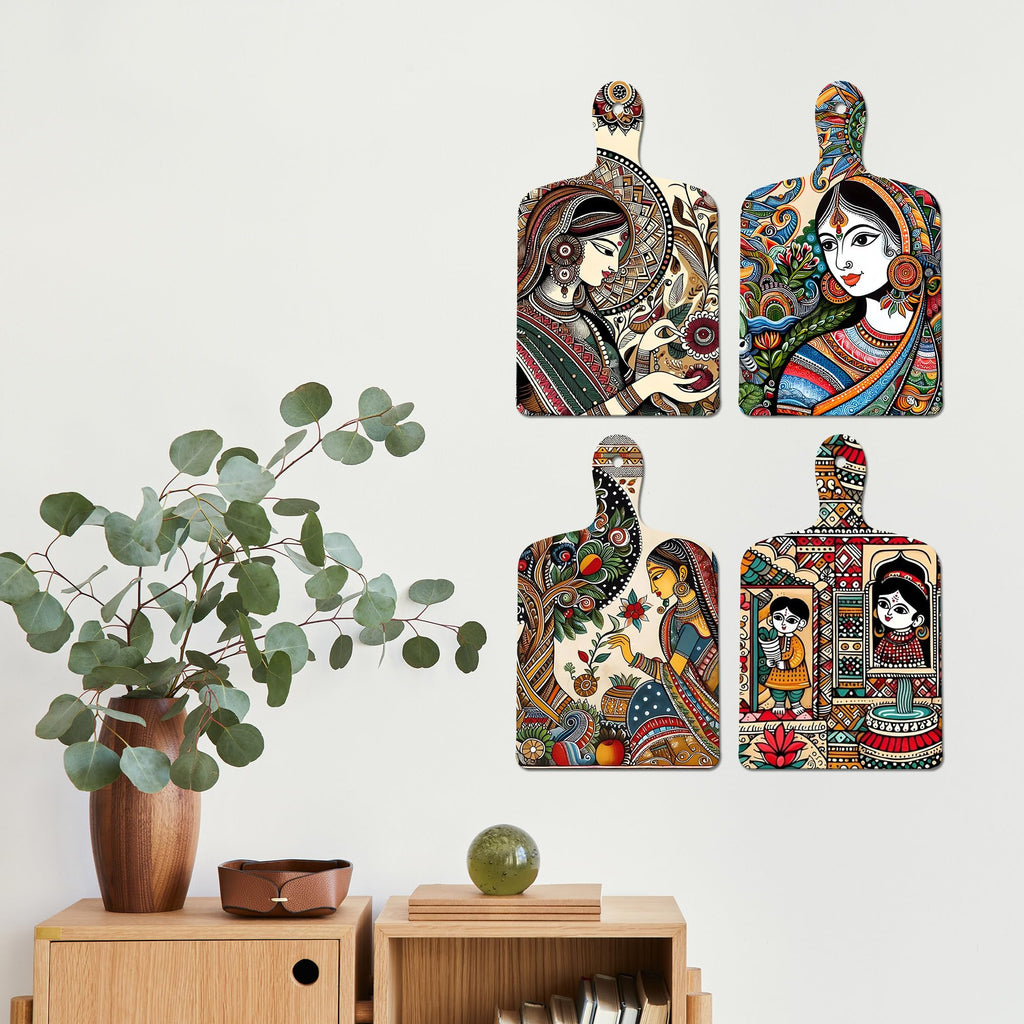 Artvibes Beautiful Women Planting Tree Royal Madhubani Art Wooden Art Decoration Item for Living Room | Printed Wall Decoration | Art Print | Graphic Artwork | Unique Gift Items (WH_5632N), Set of 4