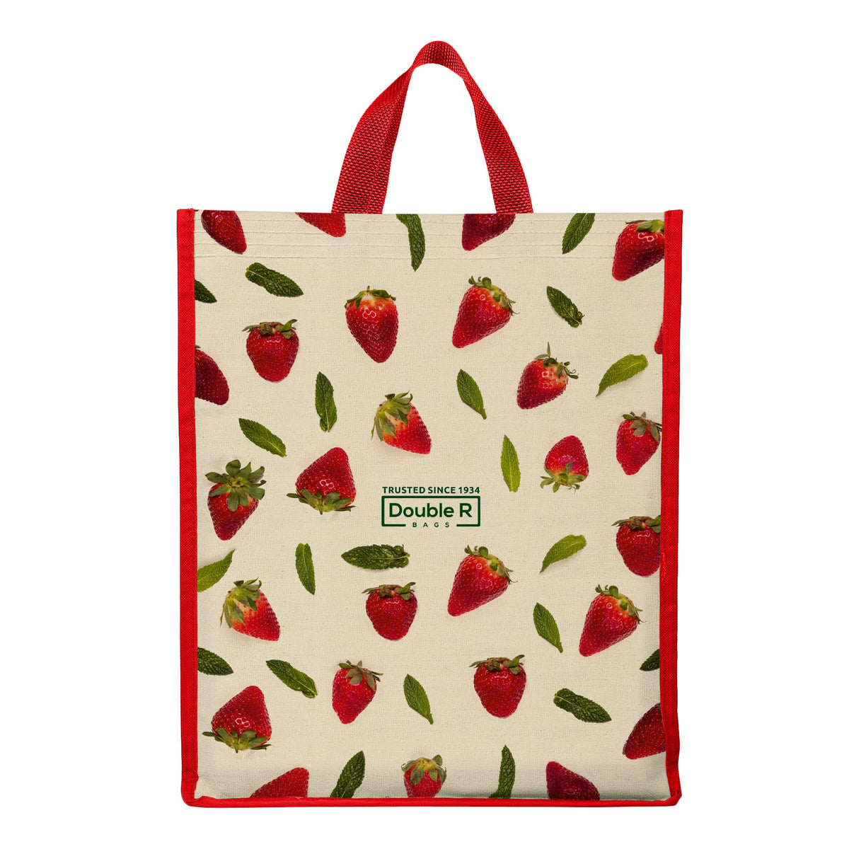 DOUBLE R BAGS Unisex Big Eco Cotton Canvas Shopping Bag for Grocery, Milk, Fruits & Vegetables | Reusable Tote with Reinforced Handles | Strawberry Print, 34x9.5x39.5 cm, 1 Compartment (Pack of 1)
