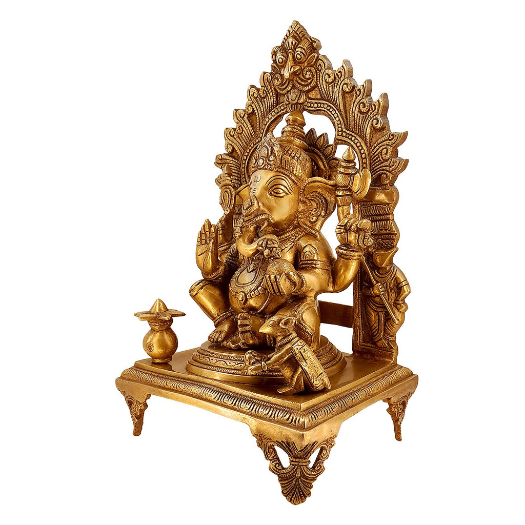 ARTVARKO Big Brass Ganesha Idol Ganesh Sitting on Singhasan with Kalash Murti for Home Entrance Decor Ganpati Idol Murti Height 17 Inches