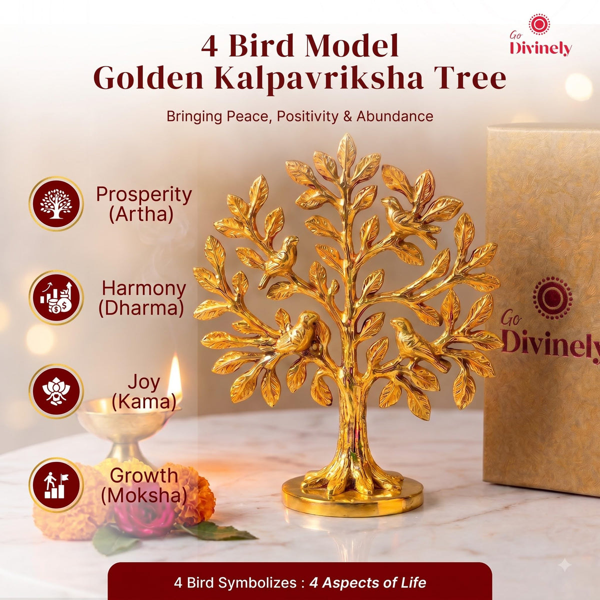 GoDivinely Certified 100% Pure Brass Kalpavriksha Tree Showpiece with 4 Birds (6 Inch) | Tree of Life Brass Decoration for Home, Vastu Decor, Housewarming Gift, Free Vastu Yoga eBook, 30 Days Warranty