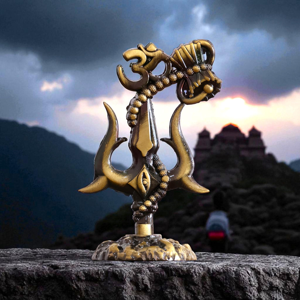 KridayKraft Metal Sivshakti Trishul Damru with Om Rudaksha Mala Symbol Statue, Antique Finish, 9.5 cm Height, 5 cm Base, 90 gm