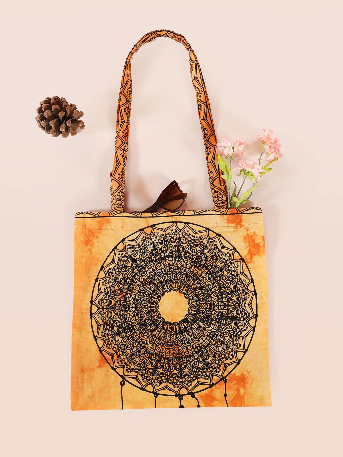 Ravaiyaa - Attitude is everything Cotton Shoulder Bag/Tote Bag For Women| Printed Multipurpose Handbag With Top Zip | Best For Shopping, Travel, Work, Beach, Office, College (Orange Dream Catcher)