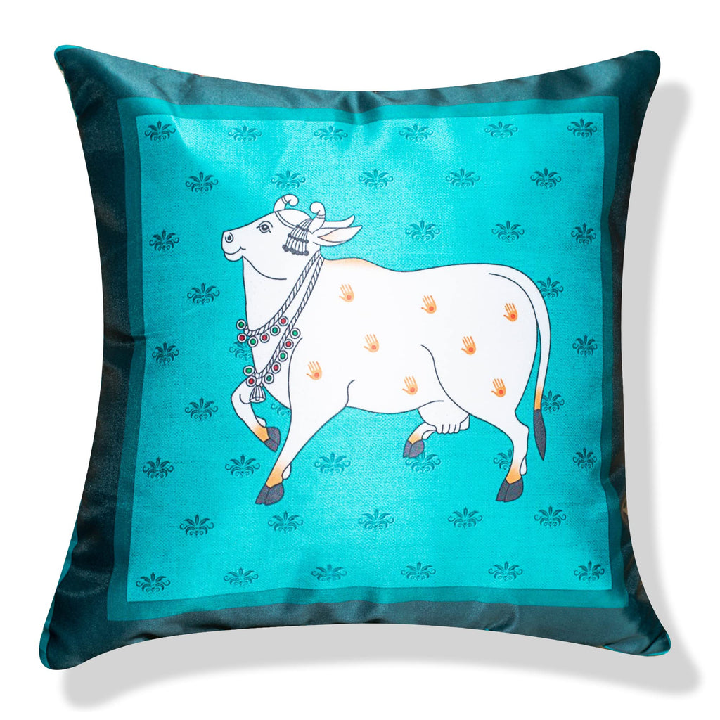 Vendola Decorative Satin Sofa Cushion Covers Set of 5, 24 Inch x 24 Inch, Sofa Pillow Cover, Ethnic Festive Cow Pichwai, Multicolor, Rajasthani Design Zipper Closure (Cattle, 24X24 Inches)