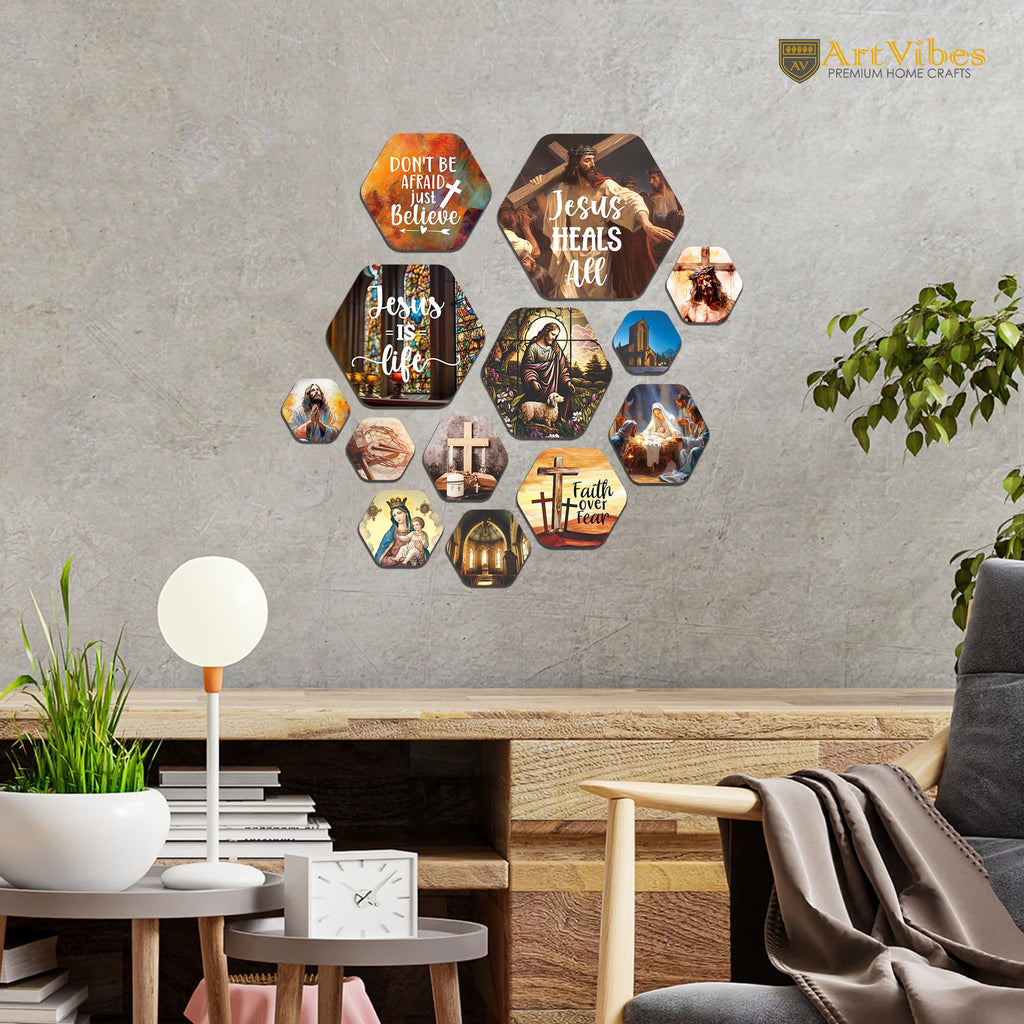 Artvibes Jesus Heals All Christian Art Hexagon Shape MDF Wooden Wall Decor Items | Spiritual Decor Items | Wall Art Paintings | Wall Illustrations| Stylish Modern Artwork | Gift (WPS_201N), Set of 13