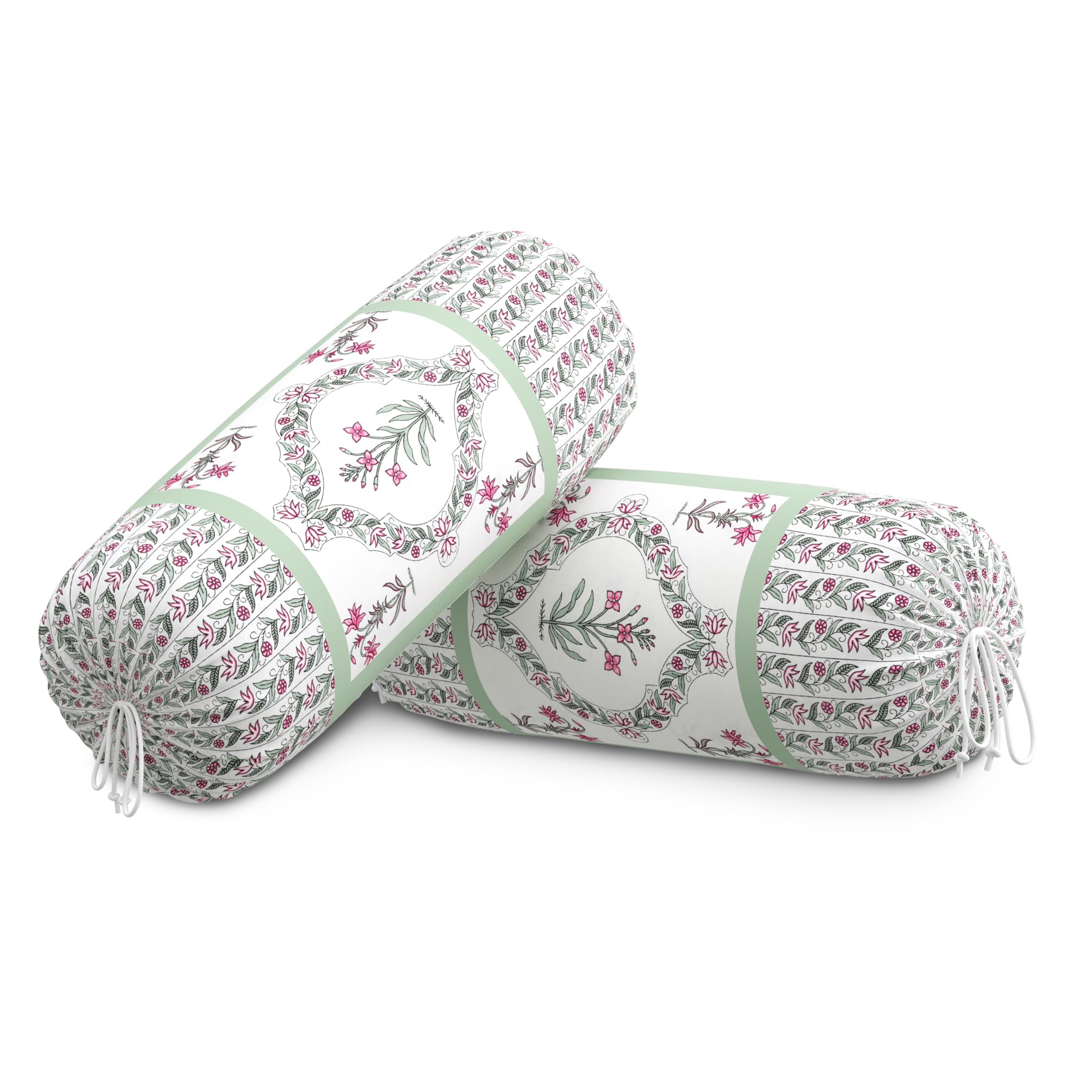 BLOCKS OF INDIA Cotton Hand Block Printed Bolster Cover | Booster Cover with Drawstring | Round Long Pillow Cover for Bed | Dewan Pillow Cover Set 16 X 32 | Set of 2 (Green BEL)