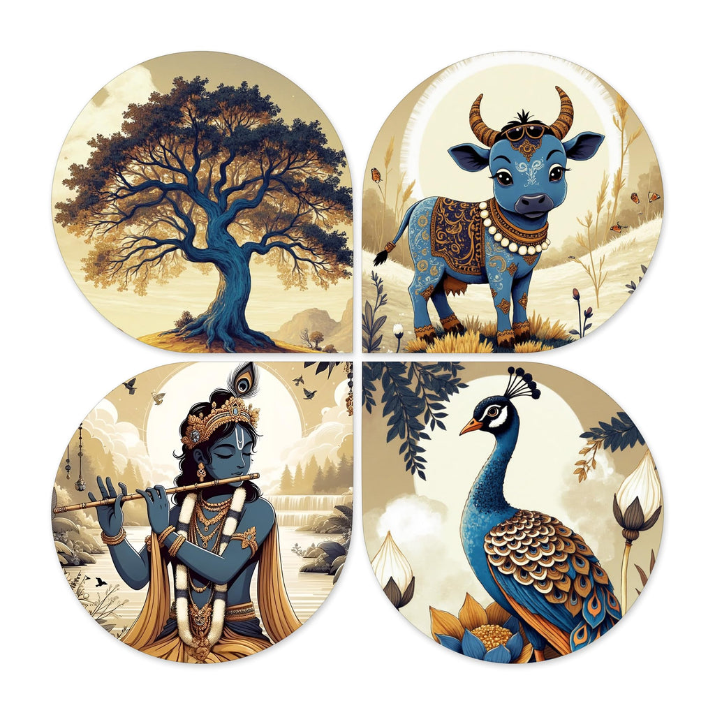 Artvibes Krishna Traditional Wooden Art Decoration Item for Living Room | Living Room | Office | Cafe | Painting Wall Decor | Wall Art Print | Ethnic Wall Decor | Unique Gift Item (WH_8453N), Set of 4