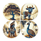 Artvibes Krishna Traditional Wooden Art Decoration Item for Living Room | Living Room | Office | Cafe | Painting Wall Decor | Wall Art Print | Ethnic Wall Decor | Unique Gift Item (WH_8453N), Set of 4