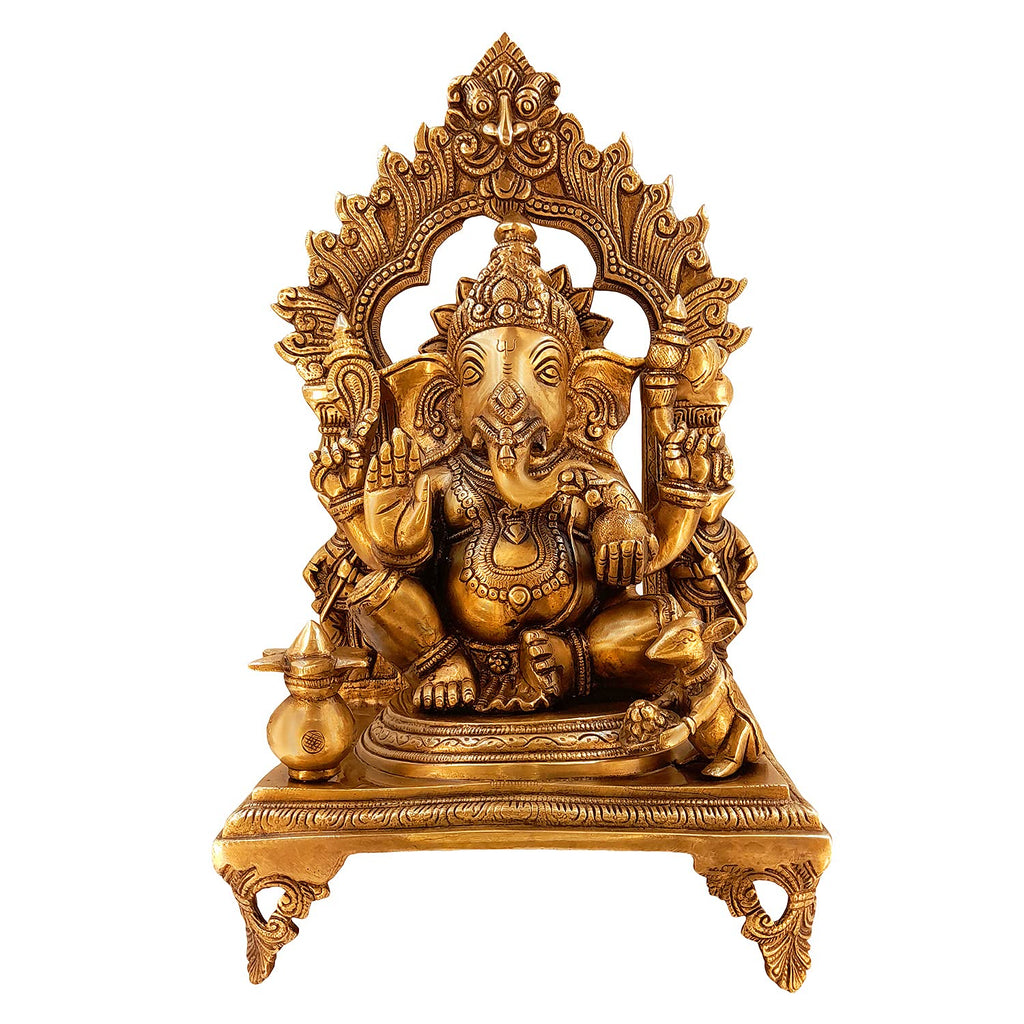 ARTVARKO Big Brass Ganesha Idol Ganesh Sitting on Singhasan with Kalash Murti for Home Entrance Decor Ganpati Idol Murti Height 17 Inches
