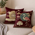 STITCHNEST Satin Cushion Covers Pack of 2 Oriental Flamingo & Lotus Print in Maroon and Gold, 24x24 Inch Decorative Cushion Set for Spiritual and Artistic Living Room Decor