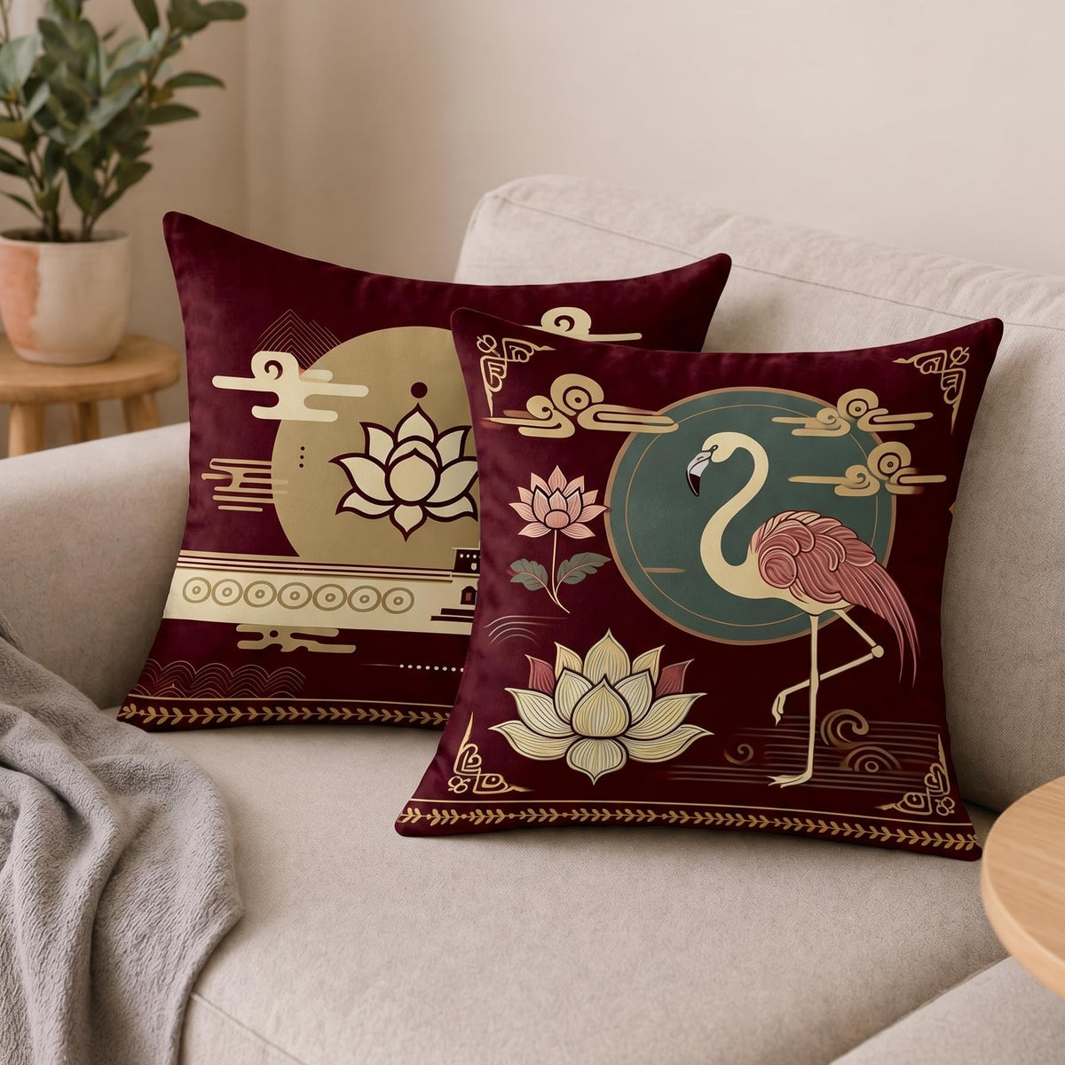 STITCHNEST Satin Cushion Covers Pack of 2 Oriental Flamingo & Lotus Print in Maroon and Gold, 24x24 Inch Decorative Cushion Set for Spiritual and Artistic Living Room Decor