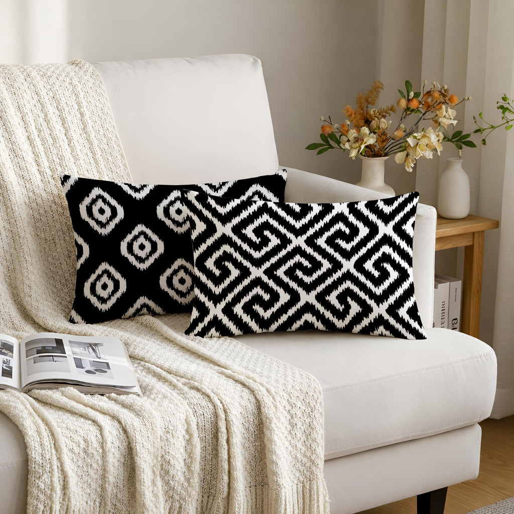 STITCHNEST Set of 2 Polycotton Cushion Covers – 12x18 Inches – Black & White Ikat Geometric Print – Elegant Cushion Covers for Sofa & Living Room | Perfect for Home Decor