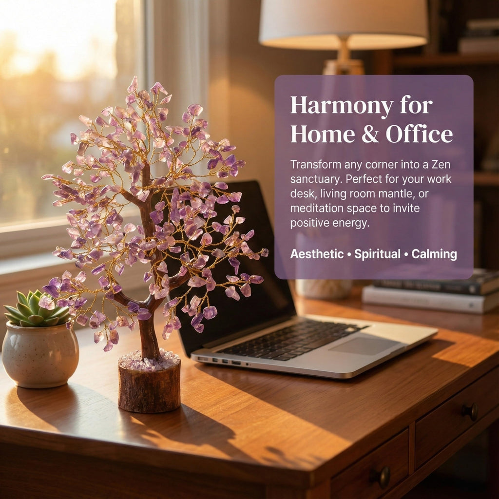 Gurram Natural Amethyst Crystal Tree of Life - 10-12 Handcrafted Gemstone Money Tree with Wooden Base - Spiritual Reiki Healing Decor, Positive Energy Gift for Housewarming, Birthdays & Office - Decorative Feng Shui Ornament (Amethyst Crystal Tree)