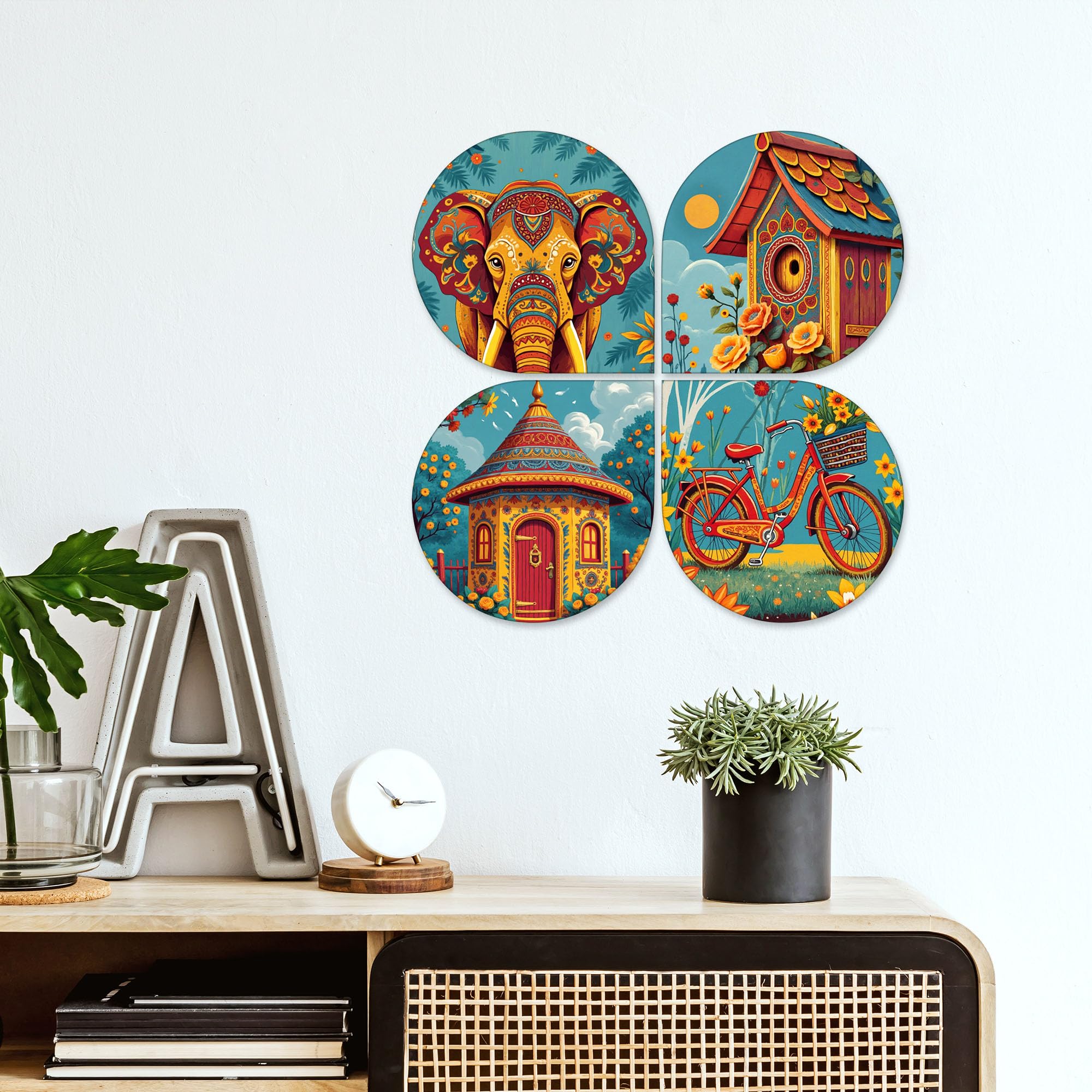 Artvibes Modern Art Decorative Wall Art MDF Wooden Wall Hanger for Home | Wood Decorative Items | Modern Decoration | Festive Decor | Aesthetic Wooden Decor | Ideal Gifts (WH_8464N), Set of 4