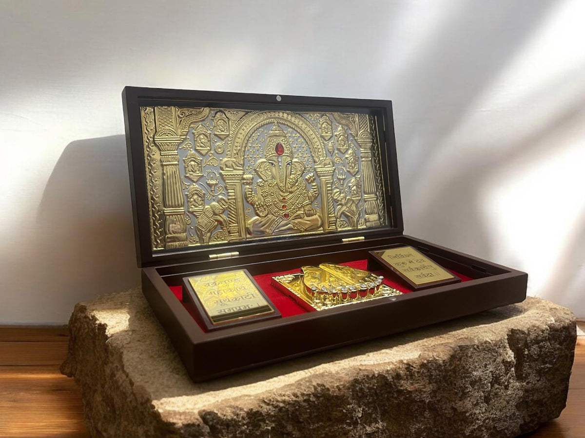 CharmInSilver 24k Gold Plated & 999 Pure Silver Coated | Lord Ganesh Charan Paduka Pooja Box | Packet Temple | Suitable Gift for Diwali,Occassions,Wealth,Prosperity and Vastu Benefits