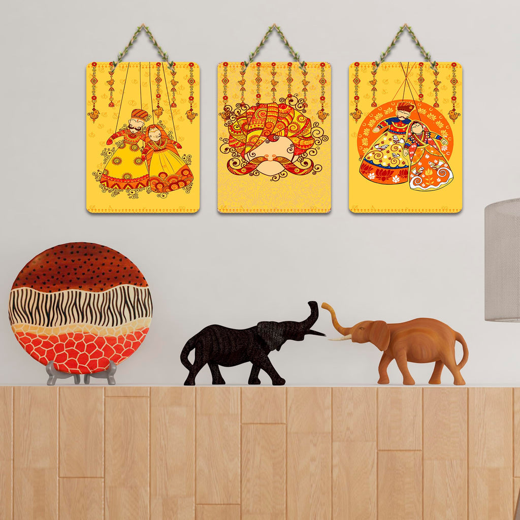 Artvibes Rajasthani Puppet Kathputli Artwork Decorative MDF Wooden Wall Art for Home | Room Decoration | Handcrafted Art | Wall Illustrations | Artworks Hangings | Gift Items (WH_96135N), Set of 3