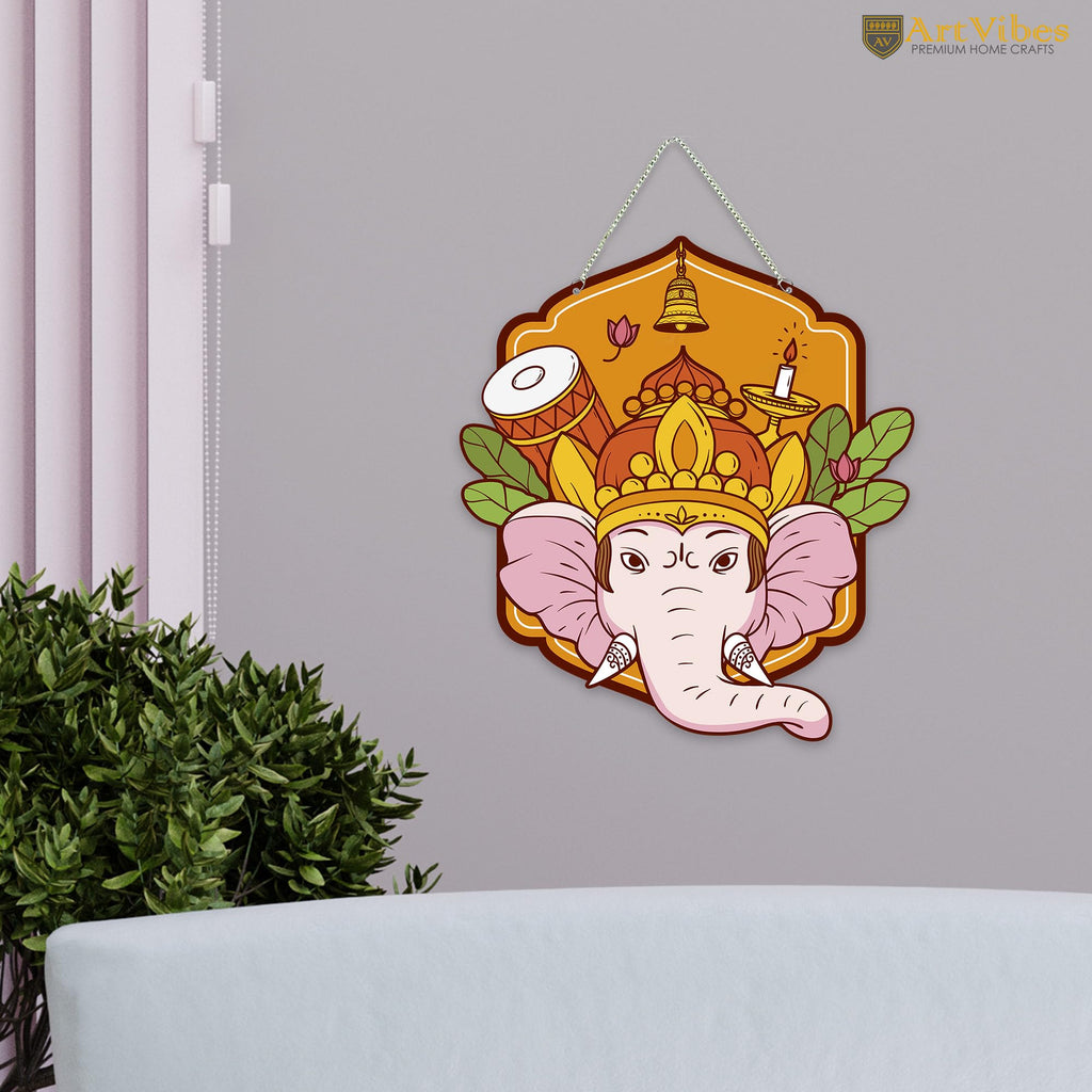 Artvibes Shri Ganesha Auspicious Wooden Art Work Wall Hanging For Good Luck Properity Vastu | Spiritual Decor Items | Paintings | Wall Poster| Stylish Modern Decor Item | Gift Items (WH_8608N)