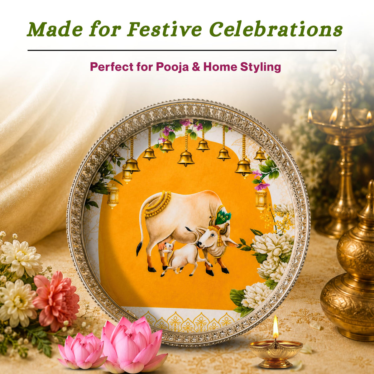 Handcrafted German Silver Pichwai Cow Design Tray 10 Inch | Round Pooja Thali | Decorative Serving Tray for Dry Fruits, Home Decor & Festive Gifting