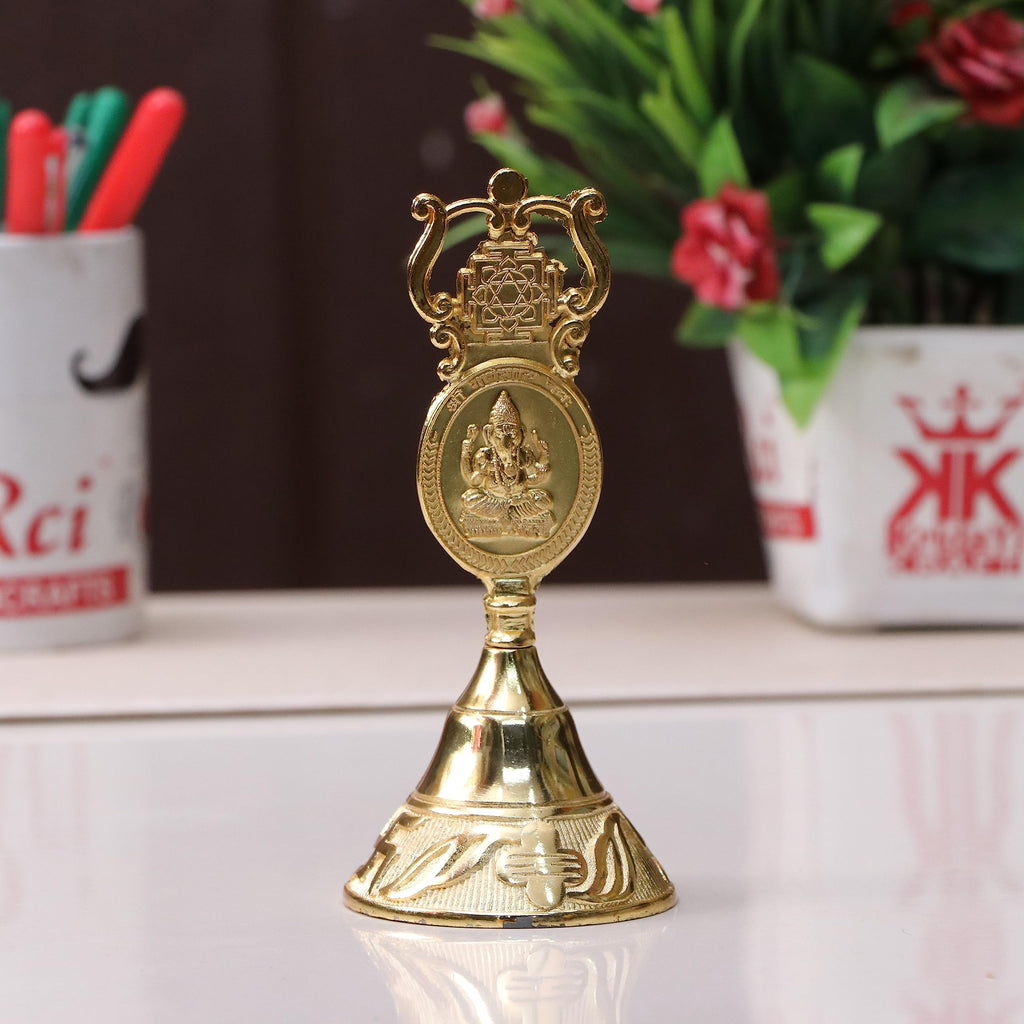 Kriday Kraft Antique Pooja Bells Metal Gold Kuber Ghanti, Hand Bell with Kuber Laxmi and Ganesh Embose for Pooja Mandir Handcrafted Puja Ghanti Home and Office Mandir Décor