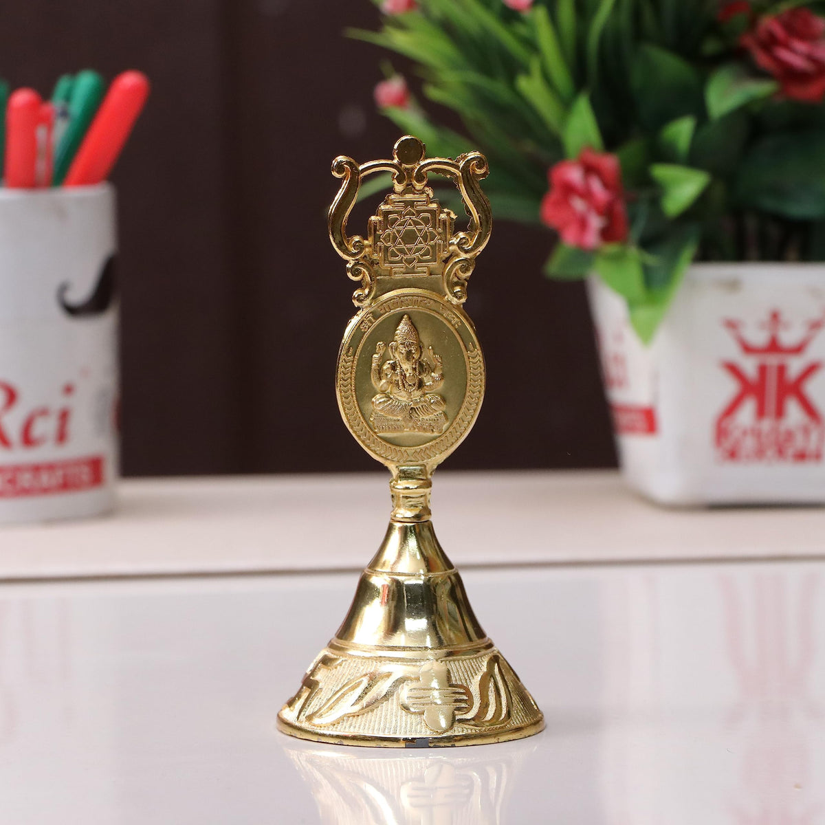 Kriday Kraft Antique Pooja Bells Metal Gold Kuber Ghanti, Hand Bell with Kuber Laxmi and Ganesh Embose for Pooja Mandir Handcrafted Puja Ghanti Home and Office Mandir Décor