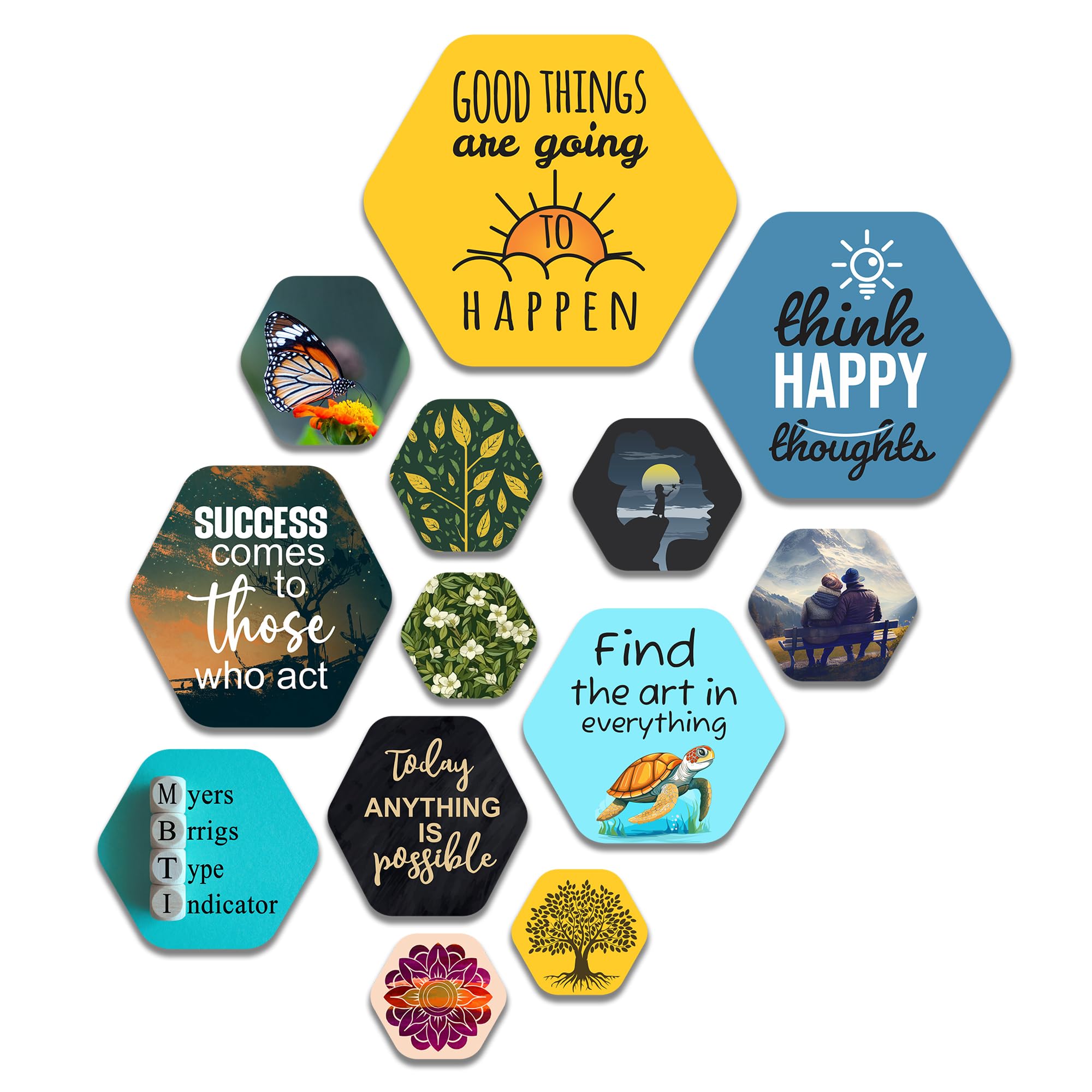 Artvibes Think Happy Thoughts Hexagon Shape MDF Wooden Wall Decor Items | Quotes Decor Item | Wall Poster | Office Decor | Wall Art Print | Inspirational quotes | Gift Items (WPS_230N), Set of 13