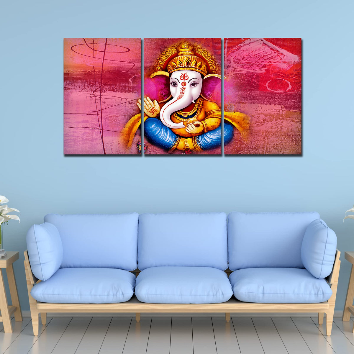 VIBECRAFTS 3 Pieces Beautiful Bal Ganesh Canvas Wall Painting Fitted With Wooden Frame For Home | Office | Living Room | Gifts(PTVC3Pcs3_11512)