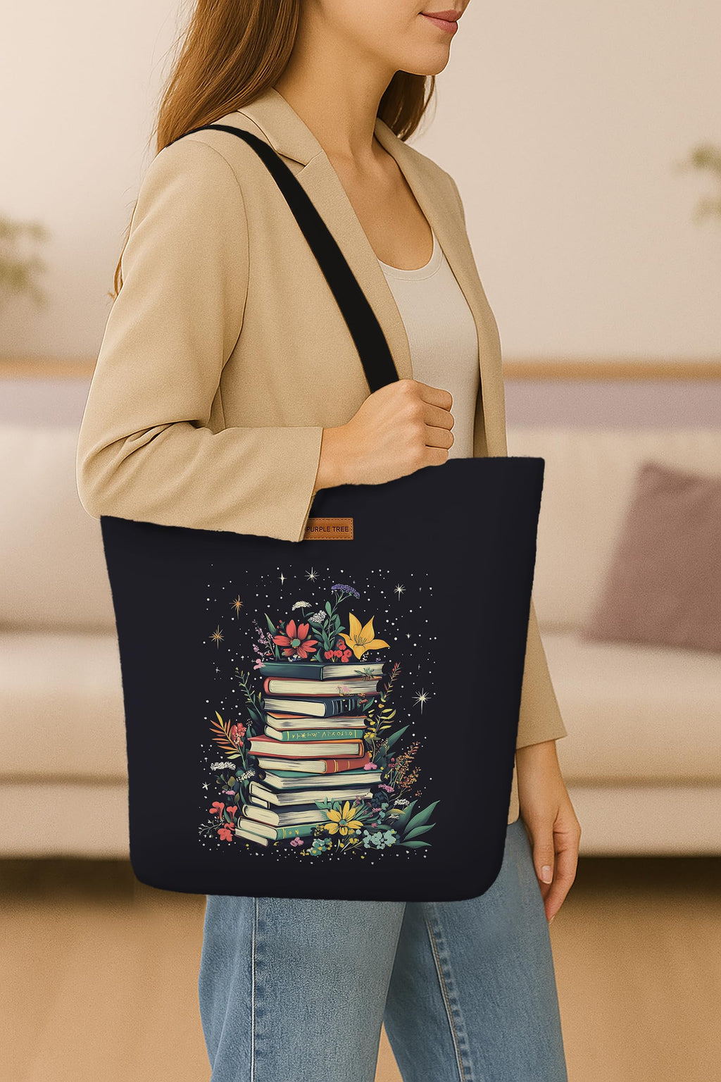 The Purple Tree Eco-Friendly Canvas Tote Bag, Sustainable, Reusable Shopping, Beach, Travel or Everyday Tote, Wide Tote Bag, Midnight Library