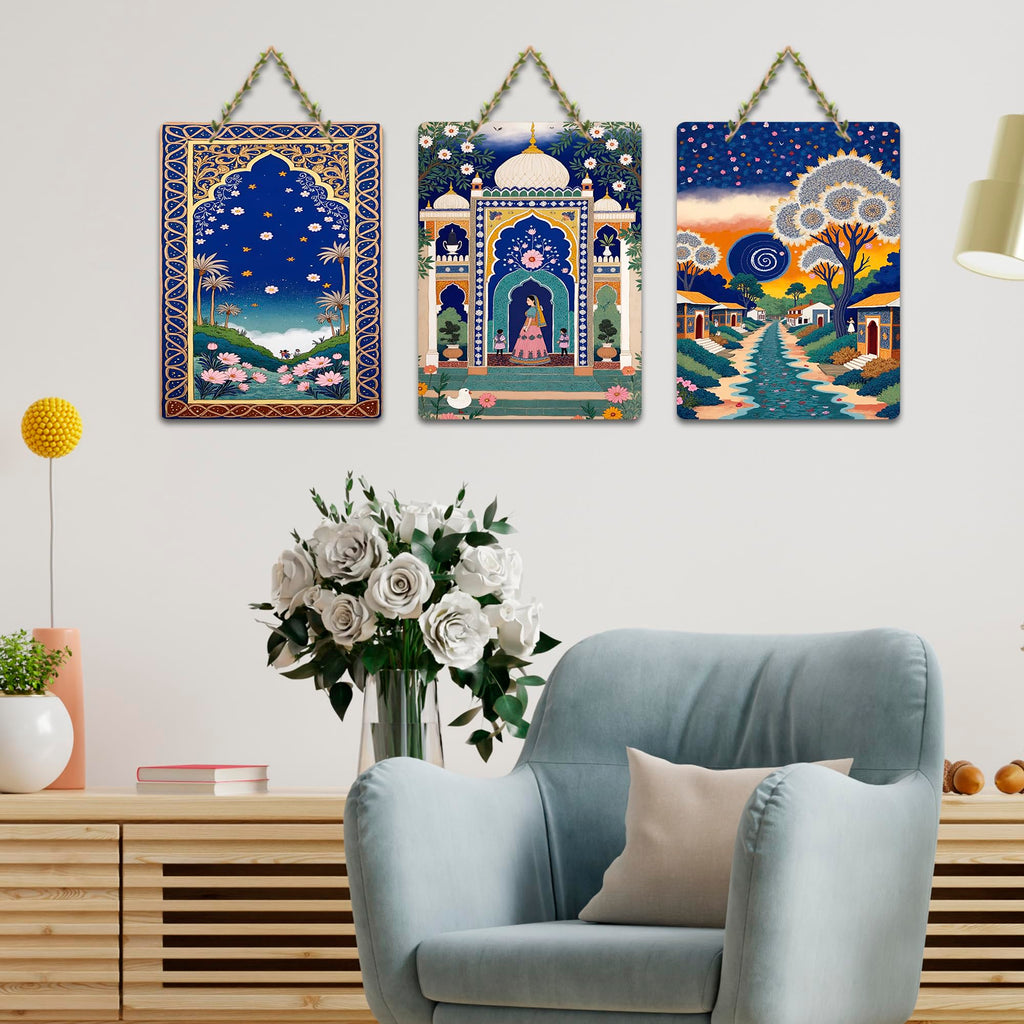 Artvibes Royal Palace Lotus Garden & Starry Night Village Scene Decorative Wall Art MDF Wooden Wall Hanger for Living Room | Home Decor | Wall Accent | Wall Poster | Ideal Gifts (WH_9657N), Set of 3