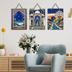 Artvibes Royal Palace Lotus Garden & Starry Night Village Scene Decorative Wall Art MDF Wooden Wall Hanger for Living Room | Home Decor | Wall Accent | Wall Poster | Ideal Gifts (WH_9657N), Set of 3