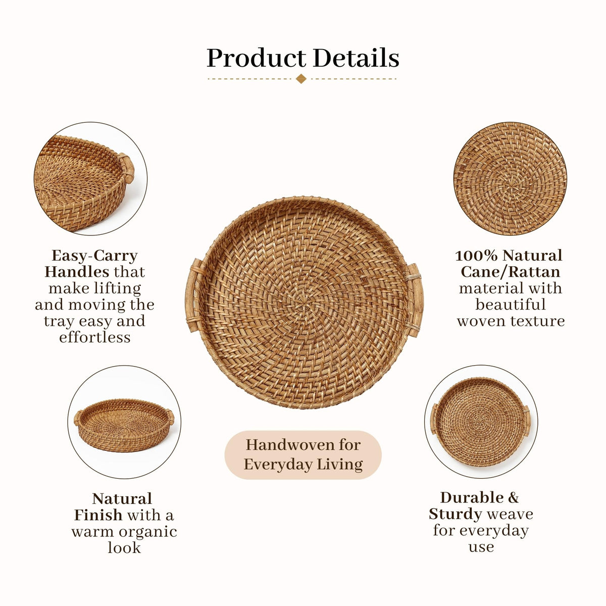 Habere India-All the Cultures Fabricating India Bamboo Serving Tray | Serveware for Dining Table | Rattan Tea Tray | Wooden Trays for Decoration - Round, Brown (Dia-31 x H8 cm)