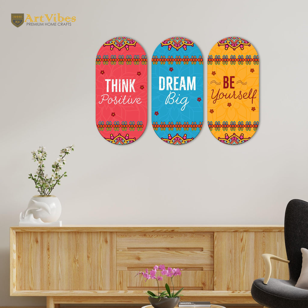 Artvibes Positive Quote Decorative Wall Hanging Ornaments | Quotes Decor Item | Wall Accent | Office Decor | Inspirational Quotes Wall Art | Mdf Wall Decoration | Gift Items (WH_9003N), Set of 3
