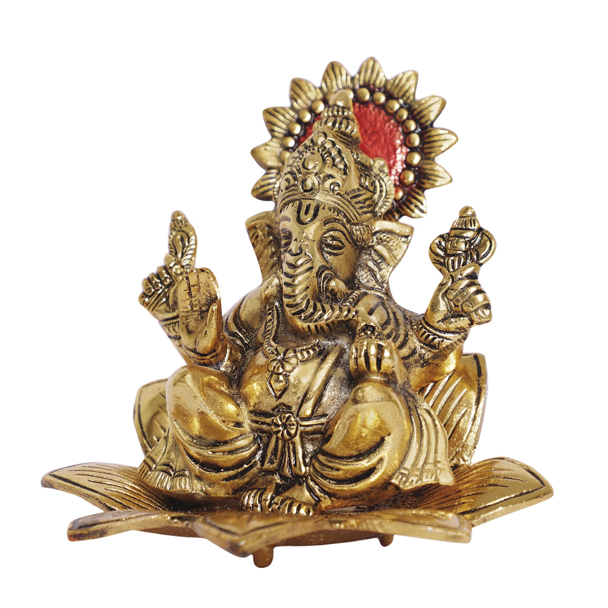 KridayKraft Metal Ganesh Sit On Flower Gold Color Leaf for Pooja,Home,Office Decorative for Table and Gift for Have House Warming Anniversaries, Birthday, Wedding Gifts