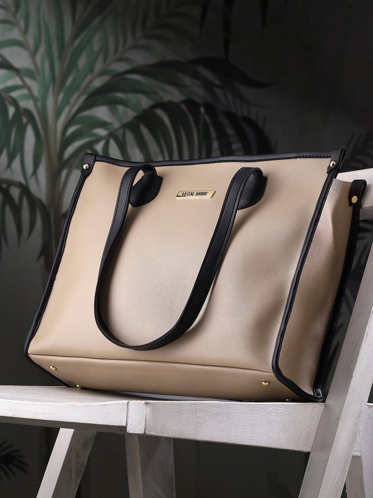 LEGAL BRIBE Women's Textured Tote Bag (Beige/Black)