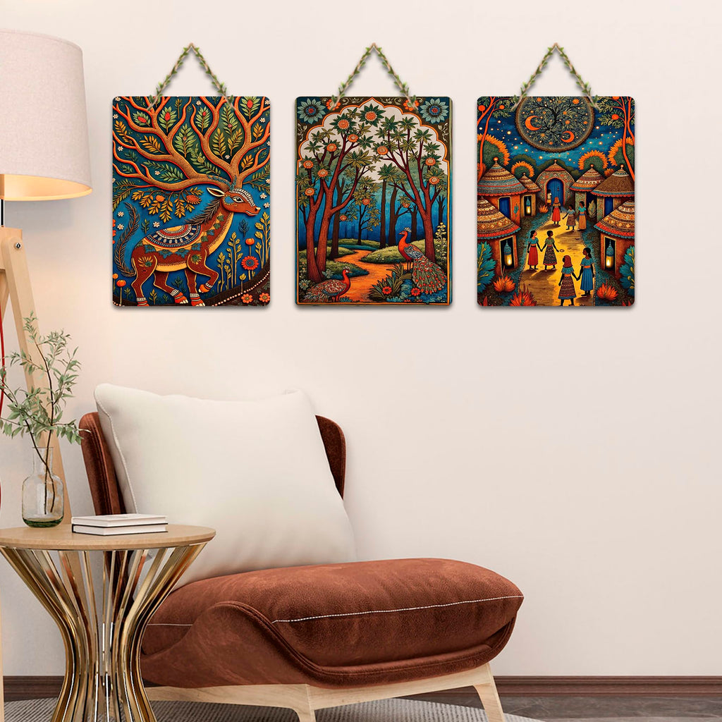 Artvibes Traditional Indian Nature Artwork Decorative MDF Wooden Wall Art for Home | Printed Wall Decoration | Graphic Artwork | Aesthetic Wooden Decor | Sceneries | Ideal Gifts (WH_96103N), Set of 3