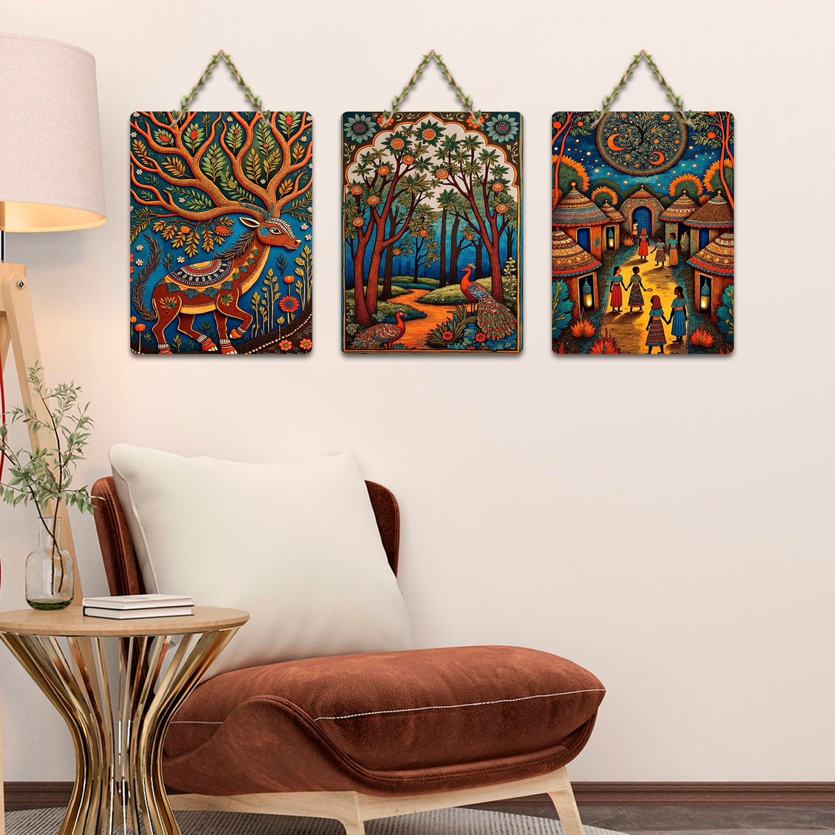 Artvibes Traditional Indian Nature Artwork Decorative MDF Wooden Wall Art for Home | Printed Wall Decoration | Graphic Artwork | Aesthetic Wooden Decor | Sceneries | Ideal Gifts (WH_96103N), Set of 3