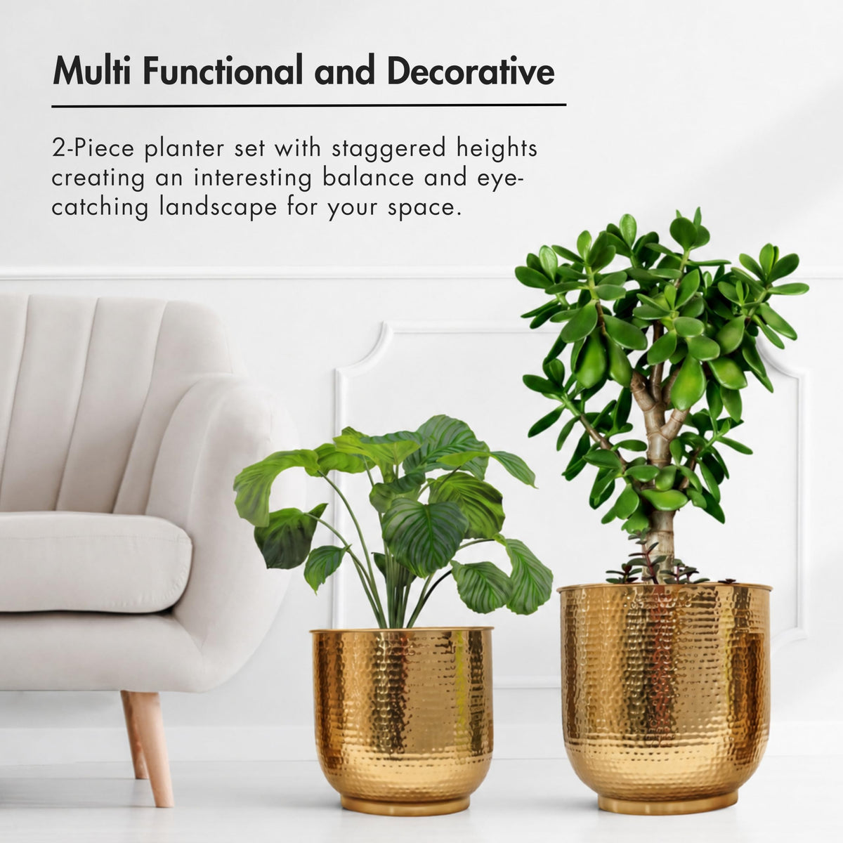 BEHOMA Hammered Gold Metal Floor Planters Set of 2 for Home Decor