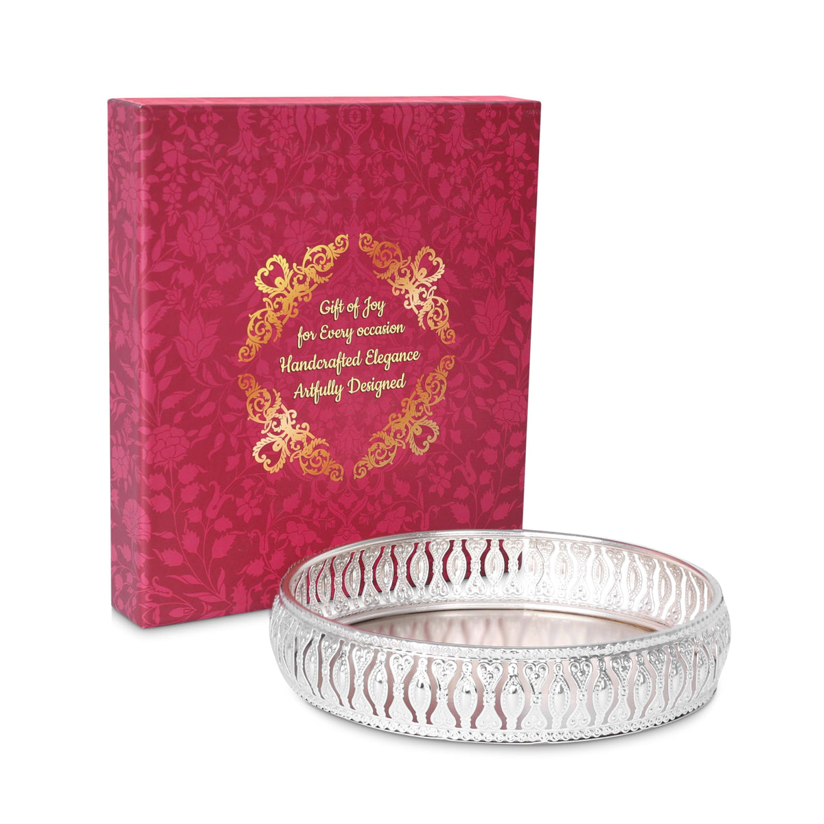 Traditional Metal Diya Tray and Bowl Set | Decorative Diwali Pooja Thali Combo | Handcrafted Festival Diya Gift Set & Bowls for Home Décor, & Wedding Gifting (Round Silver Tray 6 Inch)