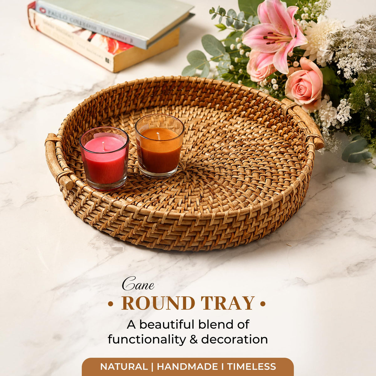 Habere India-All the Cultures Fabricating India Bamboo Serving Tray | Serveware for Dining Table | Rattan Tea Tray | Wooden Trays for Decoration - Round, Brown (Dia-31 x H8 cm)