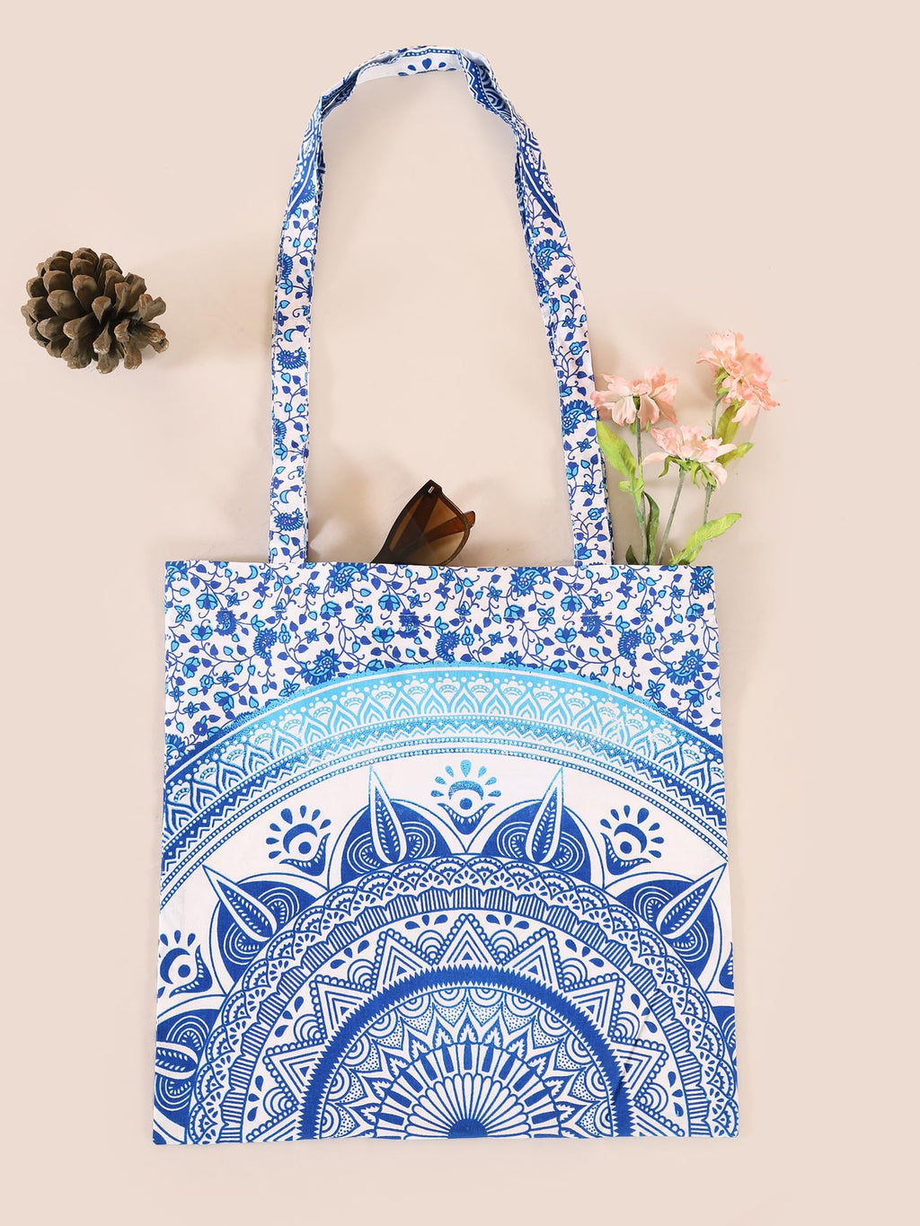 Ravaiyaa - Attitude is everything Cotton Shoulder Bag/Tote Bag For Women| Printed Multipurpose Handbag With Top Zip | Best For Shopping, Travel, Work, Beach, Office, College (White Blue Ombre Mandala)
