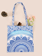 Ravaiyaa - Attitude is everything Cotton Shoulder Bag/Tote Bag For Women| Printed Multipurpose Handbag With Top Zip | Best For Shopping, Travel, Work, Beach, Office, College (White Blue Ombre Mandala)