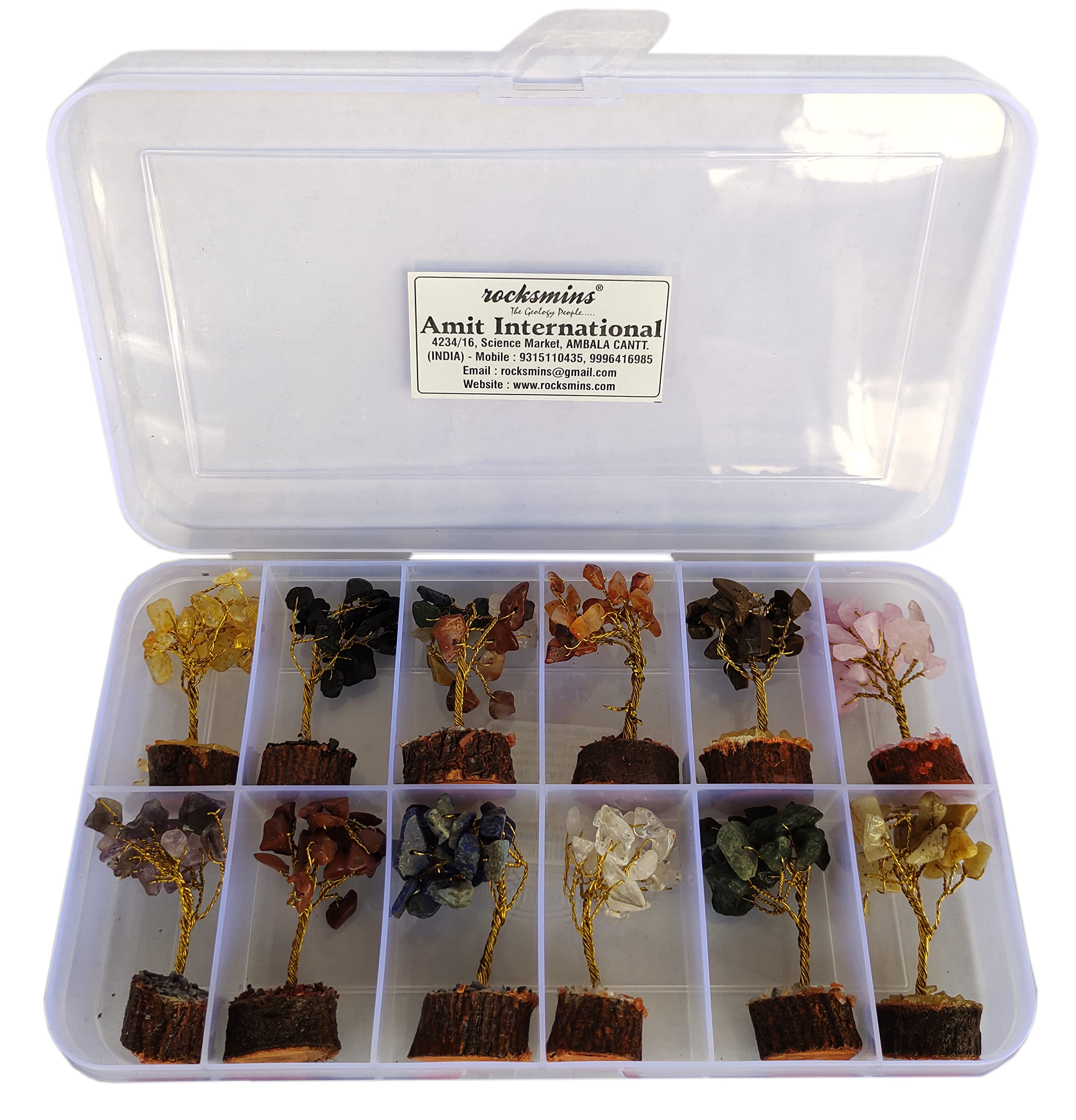 Rocksmins Baby Money Tree Set of 12 Natural Small Size Stone Mini Crystal Trees with Different Gemstones for Good Luck Office and Home Decore Wealth Vastu Prosperity Decoration Original Gemstone