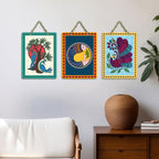 Artvibes Peacock Madhubani Art Decorative Wall Hanging Ornaments | Living Room | Office | Cafe | Painting Wall Decor | Wall Art Print | Ethnic Wall Decor | Unique Gift Items (WH_9601N), Set of 3