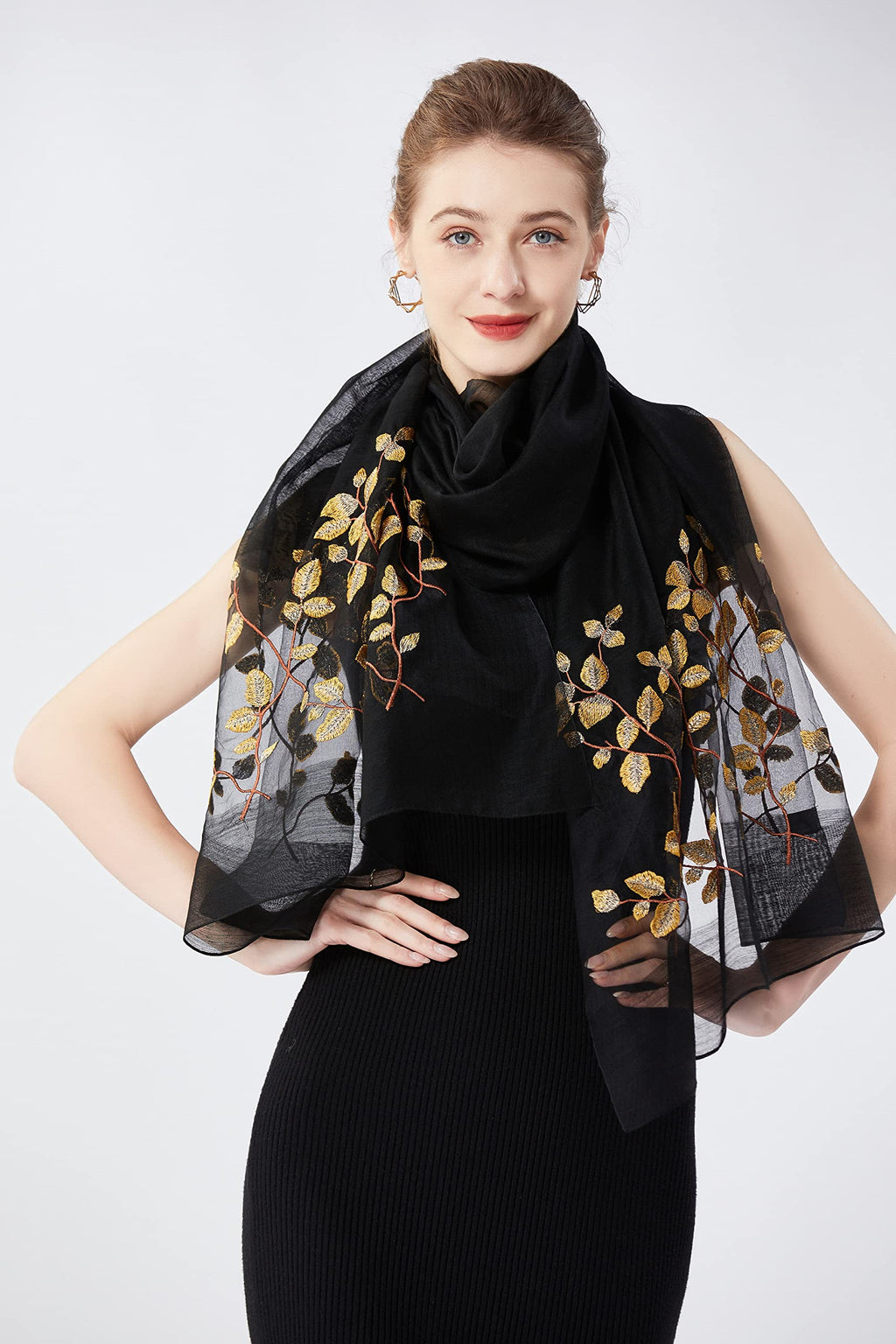 STARWHISPER Women Silk & Wool Long and Large Scarf Shawl Wrap For Evening Dress, Leaf Embroidery Black, 76 x 29 inches / 193 x 74 cm