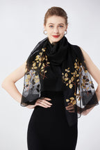 STARWHISPER Women Silk & Wool Long and Large Scarf Shawl Wrap For Evening Dress, Leaf Embroidery Black, 76 x 29 inches / 193 x 74 cm