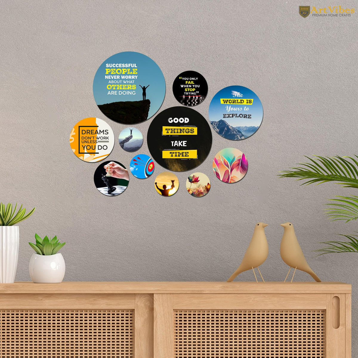 Artvibes The World Is Your To Explore Decorative Round Shape MDF Wooden Wall Hanging | Quotes Decor Item | Traveller Quotes Wall Art | Wall Poster | Home Decor | Unique Gift (WPS_138N), Set of 11