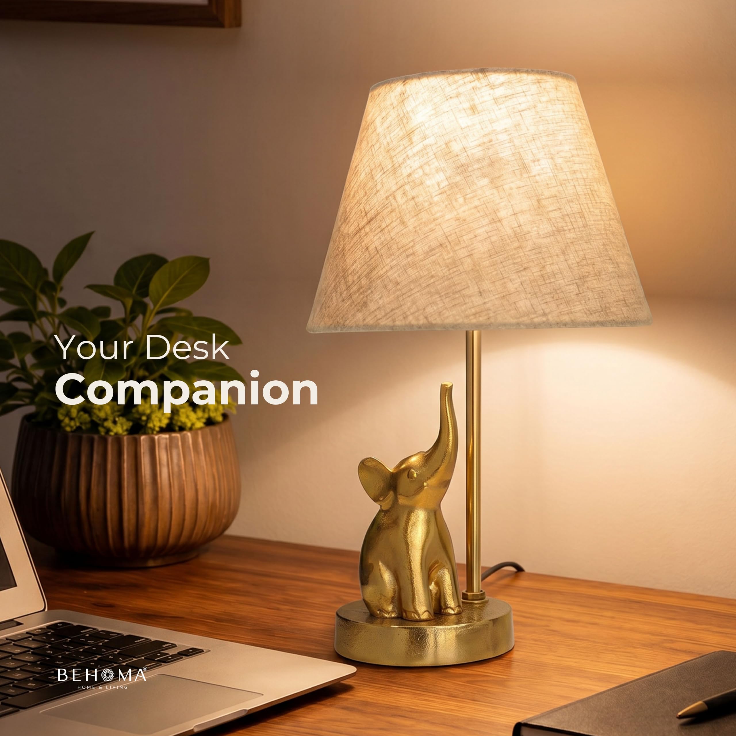 BEHOMA Elephant Table Lamp with Antique Metal Base & Fabric Shade