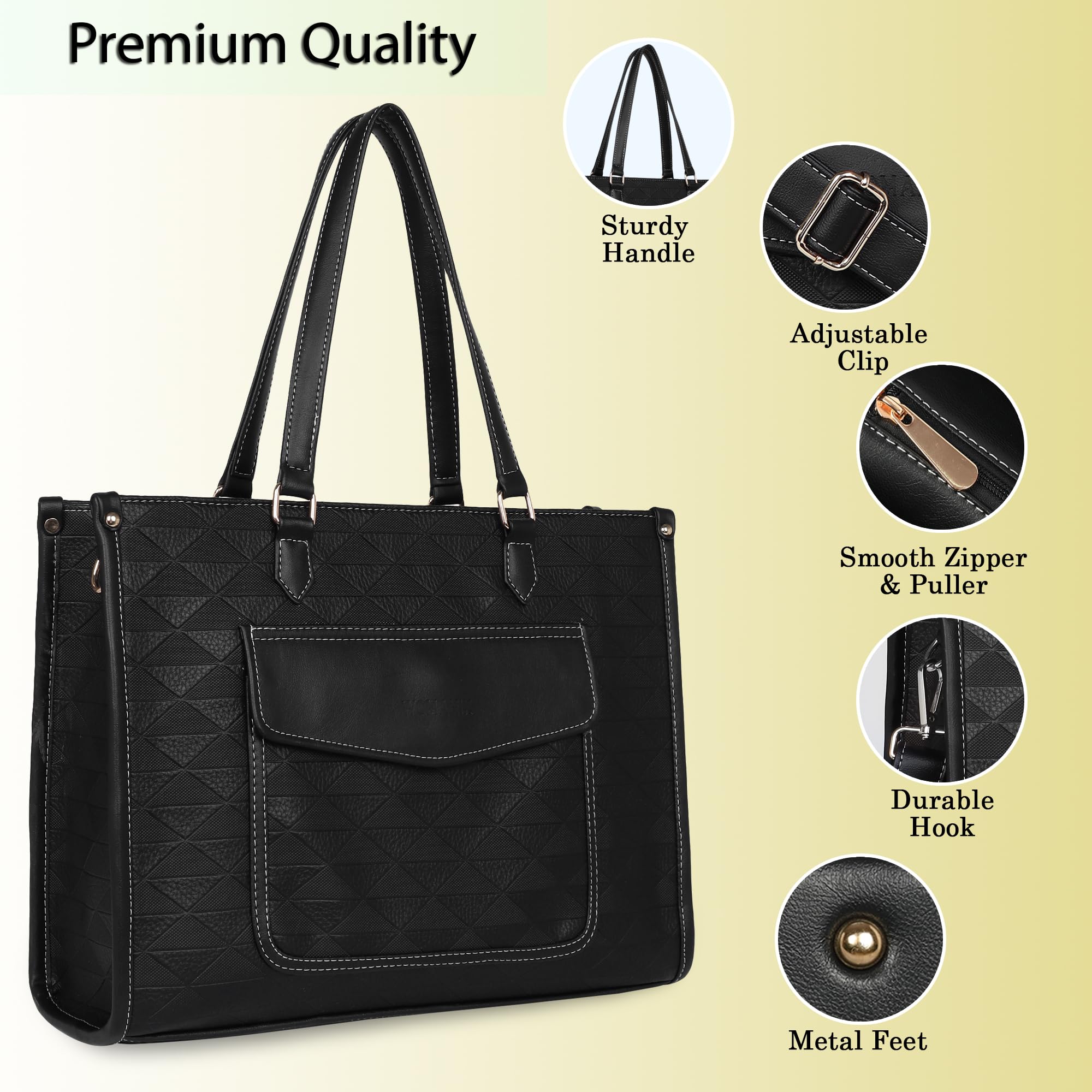 Womanix PU Laptop Tote Bags for Women with Front Pocket, Work Bag,15 inch tote for Women, Large Capacity Handbag for Office, School, Travel, Teacher Purse (Black Black)