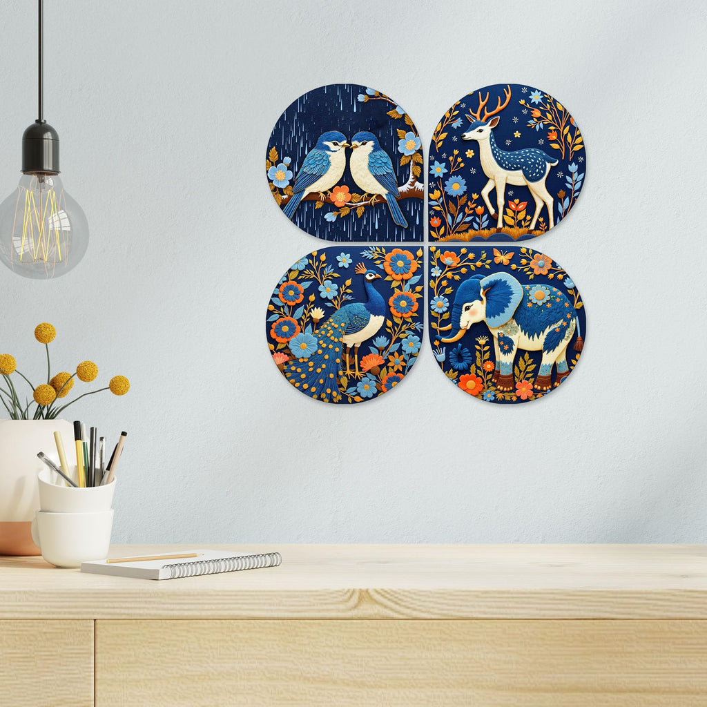 Artvibes Floral Animal Decorative Wall Art MDF Wooden Wall Hanger for Living Room | Room Decoration | Handcrafted Art | Aesthetic Wooden Decor | Artworks Hangings | Ideal Gifts (WH_8444N), Set of 4